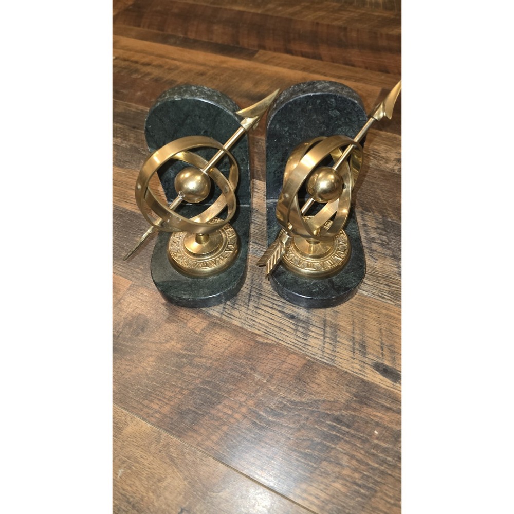 Vintage Rare Brass Globe Armillary Astrolabe Green Marble Brass Sundial Bookends